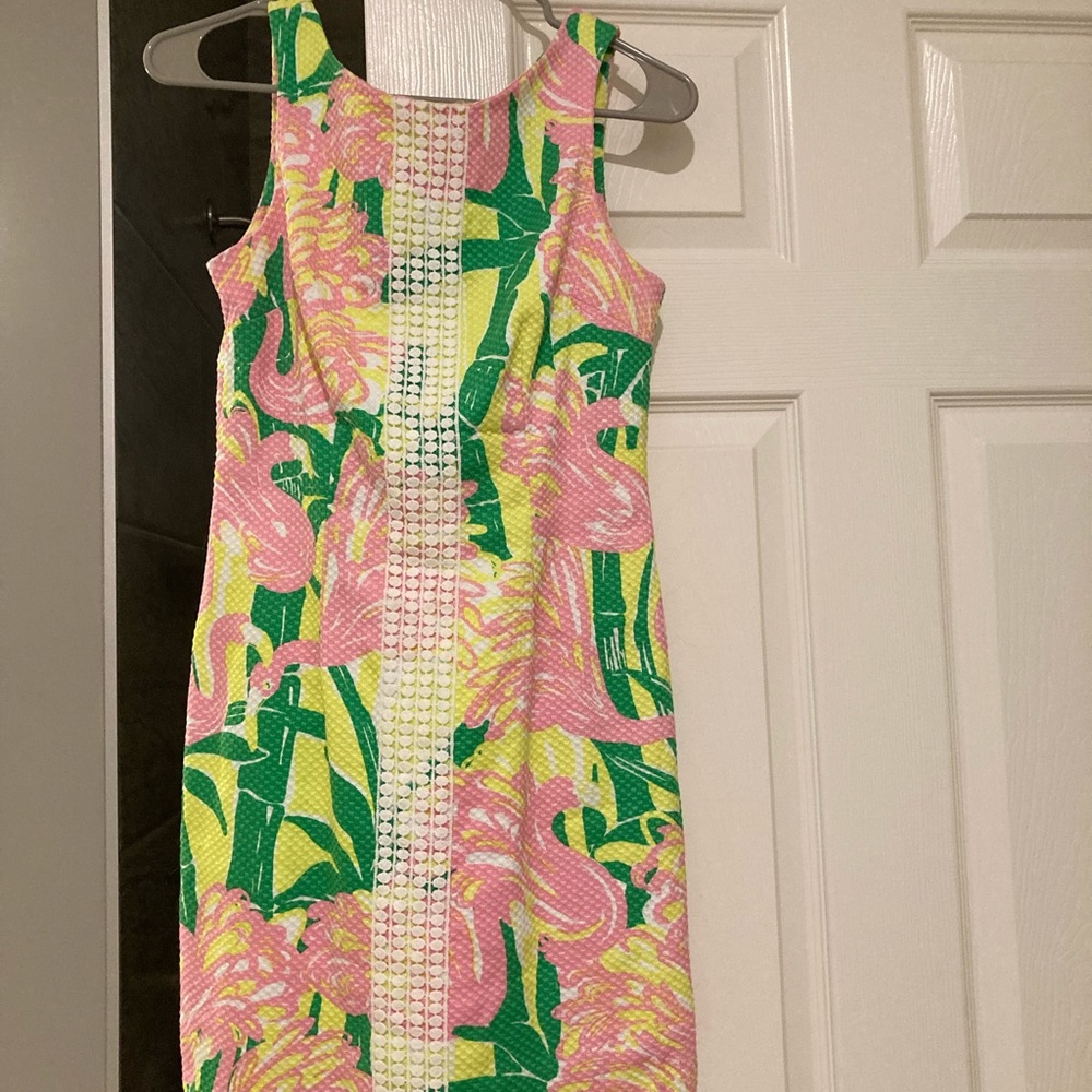 Lilly Pulitzer flamingo print dress.